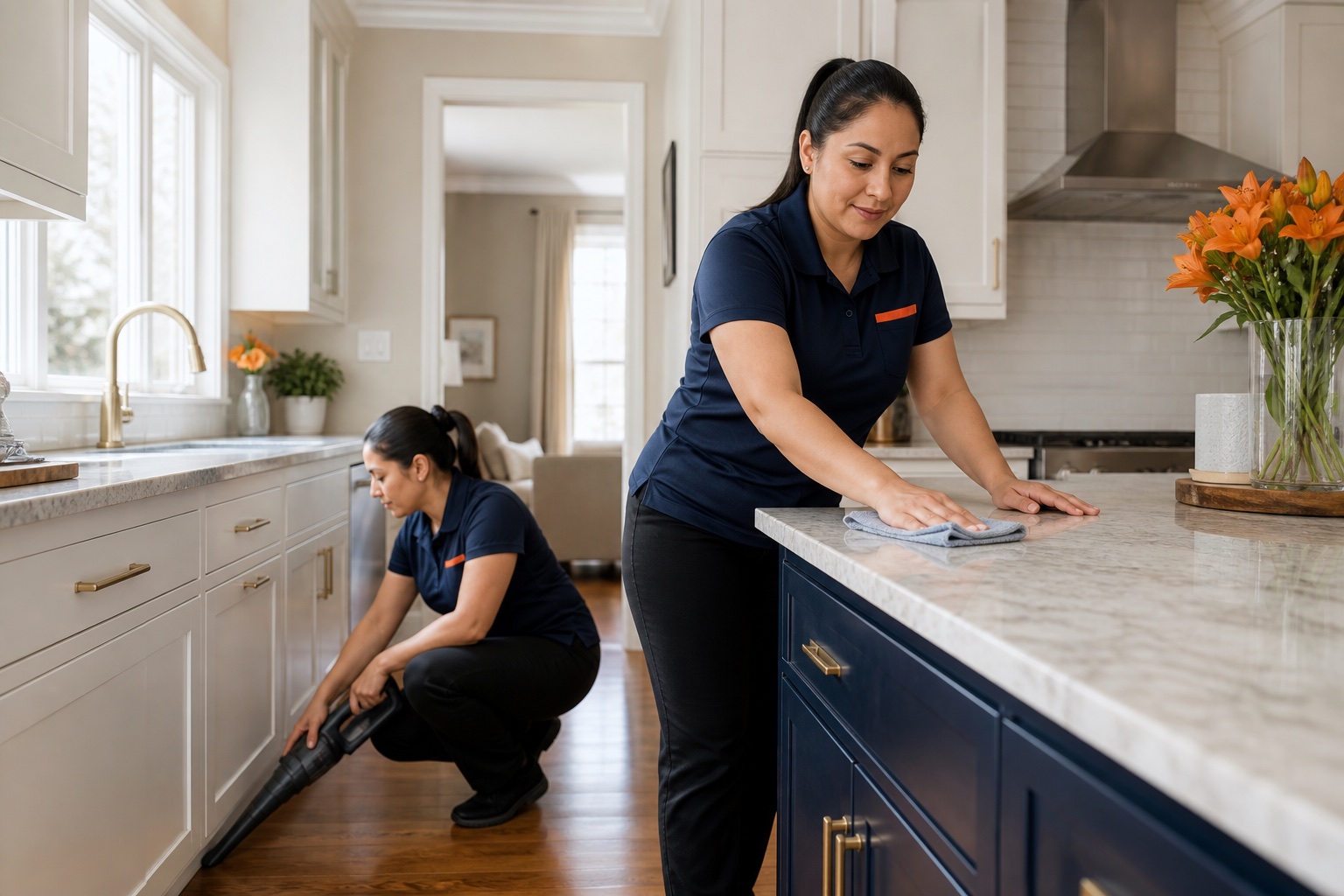 Professional team cleaning a bright Libertyville-area kitchen